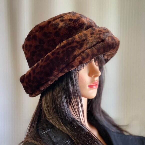 Vtg 90s Ben Berger Luxury Collection Faux Fur Leopard Print Hat Mod Cuffed Brim - Picture 2 of 8